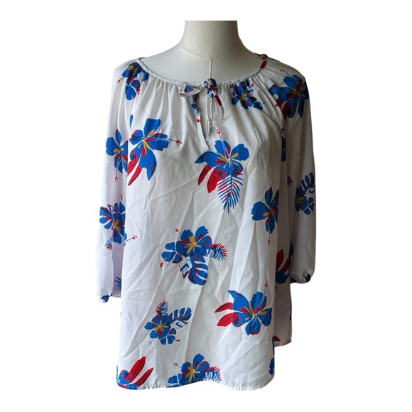 Tommy Hilfiger Floral Peasant Blouse | Size M | Red Blue‎ Hibiscus Print - Picture 1 of 10